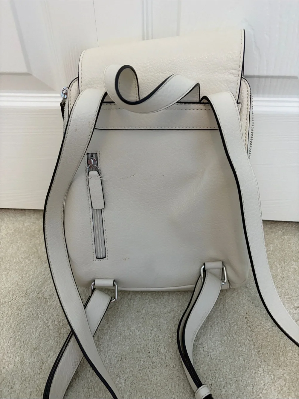 Calvin Klein Ivory Leather Mini Backpack with Silver Hardware